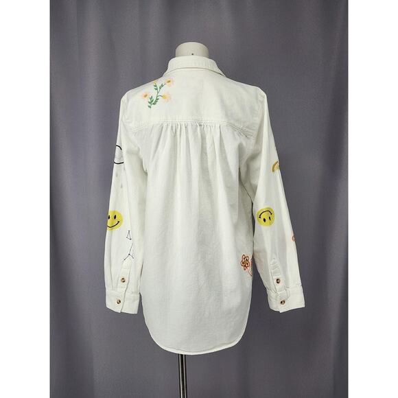 Pilcro Shirt Womens Medium White Cotton Linen Embroidered Button Up Boho Floral - Picture 3 of 16